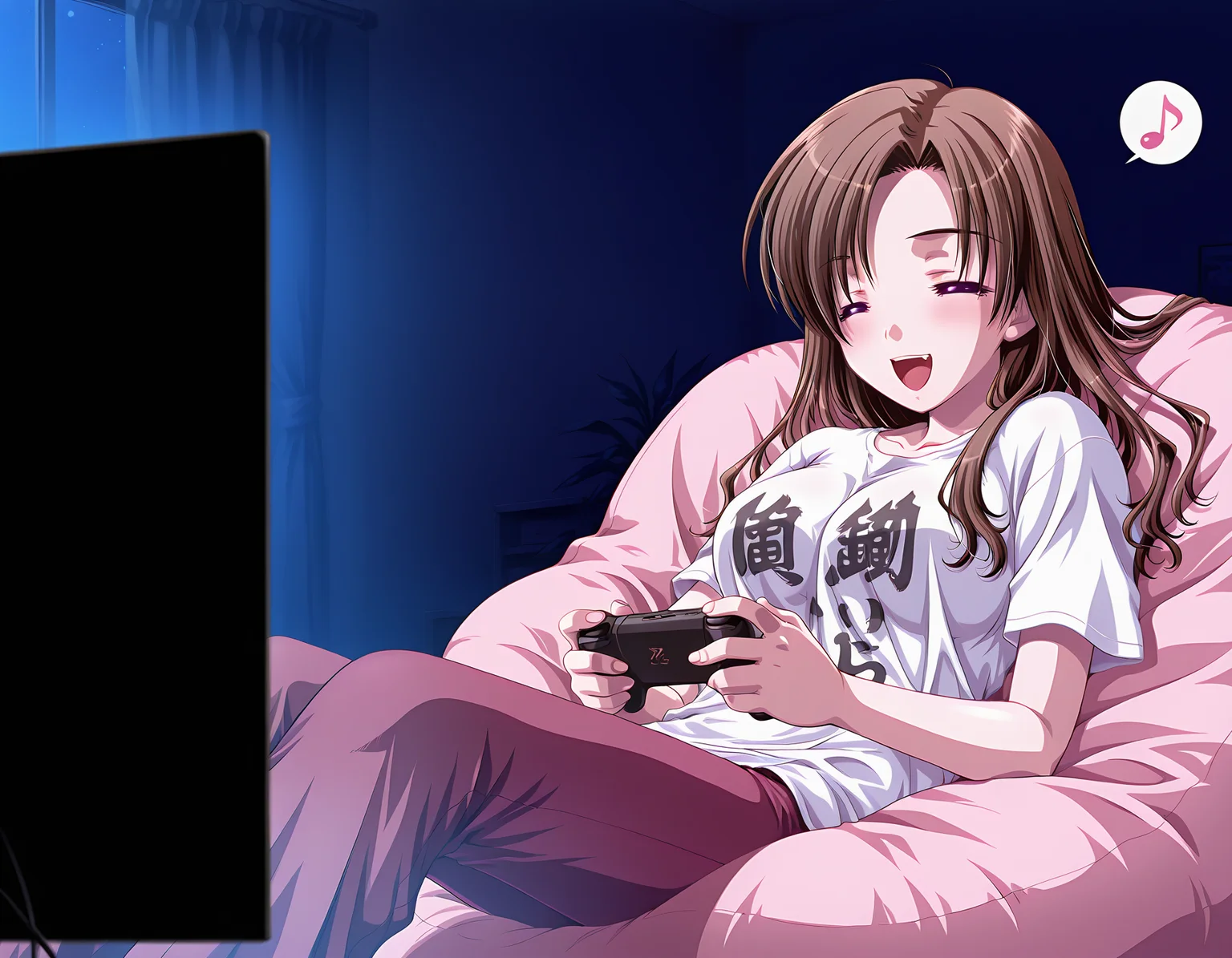 masterpiece, best quality, amazing quality, official art, ultra highres, very aesthetic,
1girl, solo, shizutani_shion, long hair, brown hair,
You Work You Lose T-Shirt, pants BREAK
laughing, spoken musical note
= =, Bean_bag_chair, sitting, relaxing, reclining, playing games, in room, night, deep contrast of light and dark, sharp focus, depth of field, highly detailed
<lora:shizutani shion v1.0-000011:1> <lora:You Work You Lose Shirt - v11.TA_trained:0.8>