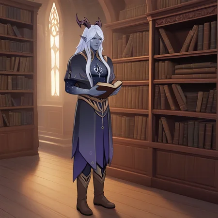 score_9, score_8_up, score_7_up, professional 3d render of aara, long hair, colored skin, grey skin, facial mark, horns, bangs, pointy ears, capelet, chest tattoo, high collar, bare pectorals, belt, skirt, dress, boots, he's standing by a library, in an elven palace room, fantasy genre, bookshelves in the  background  <lora:Classic Fantasy:0.25> FANTASY, CLASSICFANTASY,  CLASSICFANTASY ART, <lora:fantasy_world_pony:0.25>  <lora:AaravosPonyLora:1> holding a book
