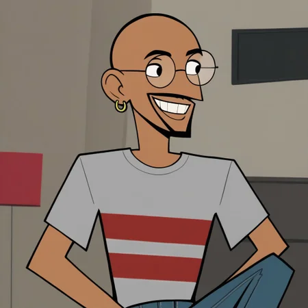 ch art style,solo,indoors,posing,smile,1boy,tanned skin,bald,beard stubble, black eyes,grey t-shirt with red stripe,jeans,round glasses,single earring