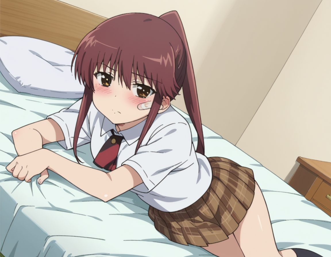 score_9, score_8_up, score_7_up, source_anime,
rikosuminoe, <lora:riko-suminoe-ova-ponyxl-lora-nochekaiser:1>,
riko suminoe, long hair, brown hair, brown eyes, ponytail, bandaid, bandaid on face, sidelocks,
skirt, shirt, school uniform, white shirt, socks, plaid, kneehighs, plaid skirt,
indoors, bed, bed room, on side, blush, drunk,
looking at viewer, dutch angle, cowboy shot,