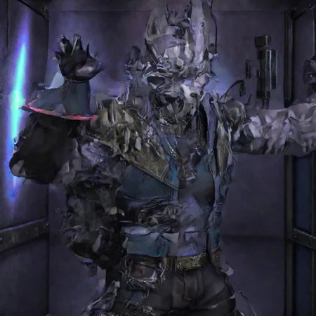 wolf o' donnel, black muscle shirt, shoulder armor with spikes, silver chain necklace, black dog collar with spikes, black arm guard gloves, black gauntlets with spikes, muscular body, pectoral muscles, toned abs, white chest fur, white armpit hair, military coat, dark green military pants, dark purple holster with straps, metal war boots, metal knee protection with spikes, penis bulge, lifting shirt to viewer, white pubic fur, sharp claws, long wolf tail, black eye patch, scar over one eye, sitting in a spaceship, outer space background, neon lights