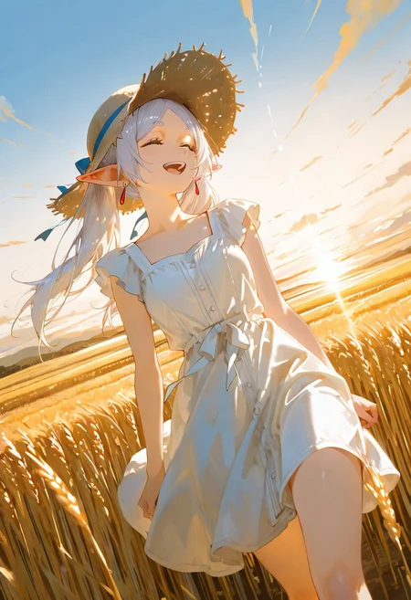 ((dynamic angle:2.5)), , 
, 1girl (frieren), ,
white dress, straw hat, A young girl running through a golden wheat field at sunset, laughing as the wind carries her forward. The golden stalks bend in waves, and a faint spirit of the wind dances beside her, visible only as a shimmer. The scene glows with warmth and freedom,
,
, score_9, score_8_up, score_7_up, source_anime,
