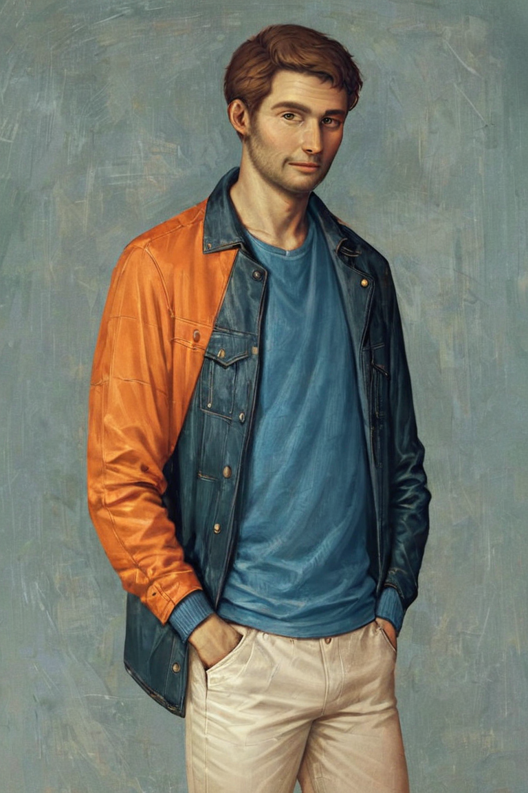 score_9, score_8_up, score_7_up, score_6_up, score_5_up, score_4_up, solo, jacket, realistic, male focus, 1boy, pants, hand in pocket, looking at viewer, short hair, brown hair, standing, long sleeves, cowboy shot <lora:Gothic Art  Style SDXL_LoRA_Pony Diffusion V6 XL:1>