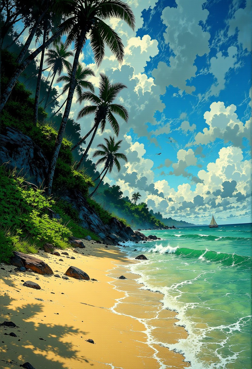 Caribbean Hidden Beach – Crystal Waters & Lush Greenery
"A hidden beach along the Caribbean coast, where lush tropical vegetation meets untouched golden sand. The water shimmers in shades of aquamarine and emerald, with gentle waves rolling onto the shore. Sunlight filters through the dense palm trees, creating intricate patterns on the warm sand as a distant sailboat drifts lazily across the horizon."