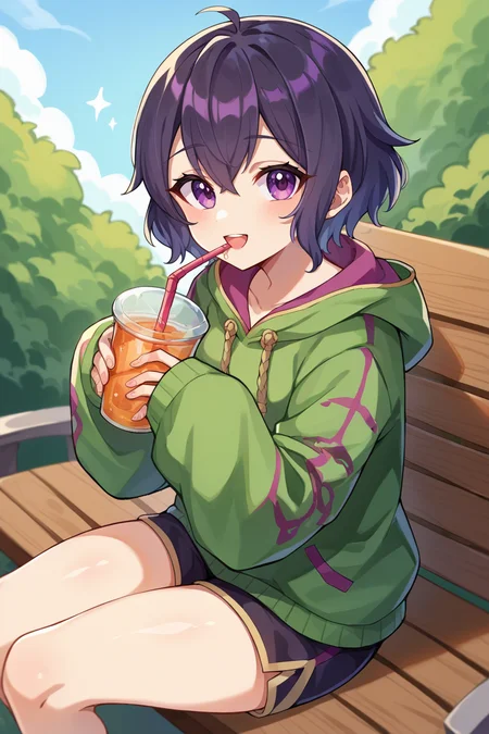 score_9, score_8_up, score_7_up, score_6_up, source_anime, BREAK 1girl, solo <lora:femorgan-pdxl-nvwls-v1-000005:0.9> feMorgan, green hoodie, sleeves past wrists, sitting, shorts, holding juice, straw, bench, looking at you, happy