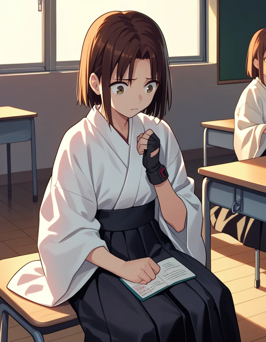 score_9, score_8_up, score_7_up, source_anime
<lora:ayako-ponyxl-000035:1> mitsuzuri, kimono, white kimono, hakama skirt, black skirt, single glove, partially fingerless gloves, muneate,
1girl, sitting, classroom, sunset, worried