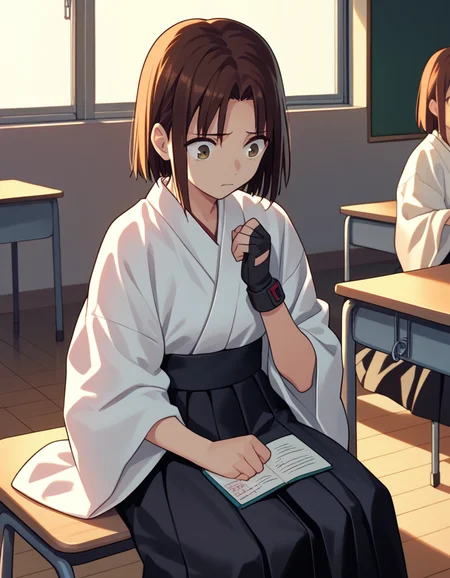 score_9, score_8_up, score_7_up, source_anime
<lora:ayako-ponyxl-000035:1> mitsuzuri, kimono, white kimono, hakama skirt, black skirt, single glove, partially fingerless gloves, muneate,
1girl, sitting, classroom, sunset, worried