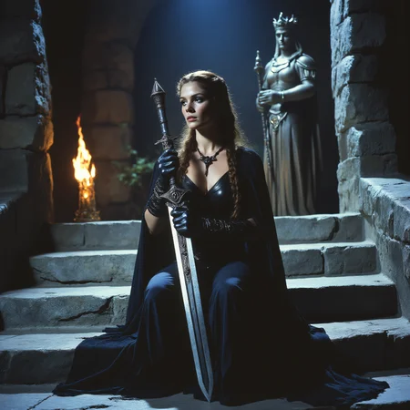 ArsMovieStill, 80s Fantasy Movie Still, The image shows a young woman sitting on a stone staircase in a dark cave. She is wearing a long dark dress with a high neckline and long sleeves. Her hair is styled in long braids and she is holding a large ornate sword in her right hand. The woman is looking off to the side with a serious expression on her face. In the background there is a statue of a man with a crown on his head standing in front of a stone wall. The overall mood of the image is dark and mysterious., 1girl, weapon, candle, armor, stairs, polearm, statue, necklace, gloves, spear