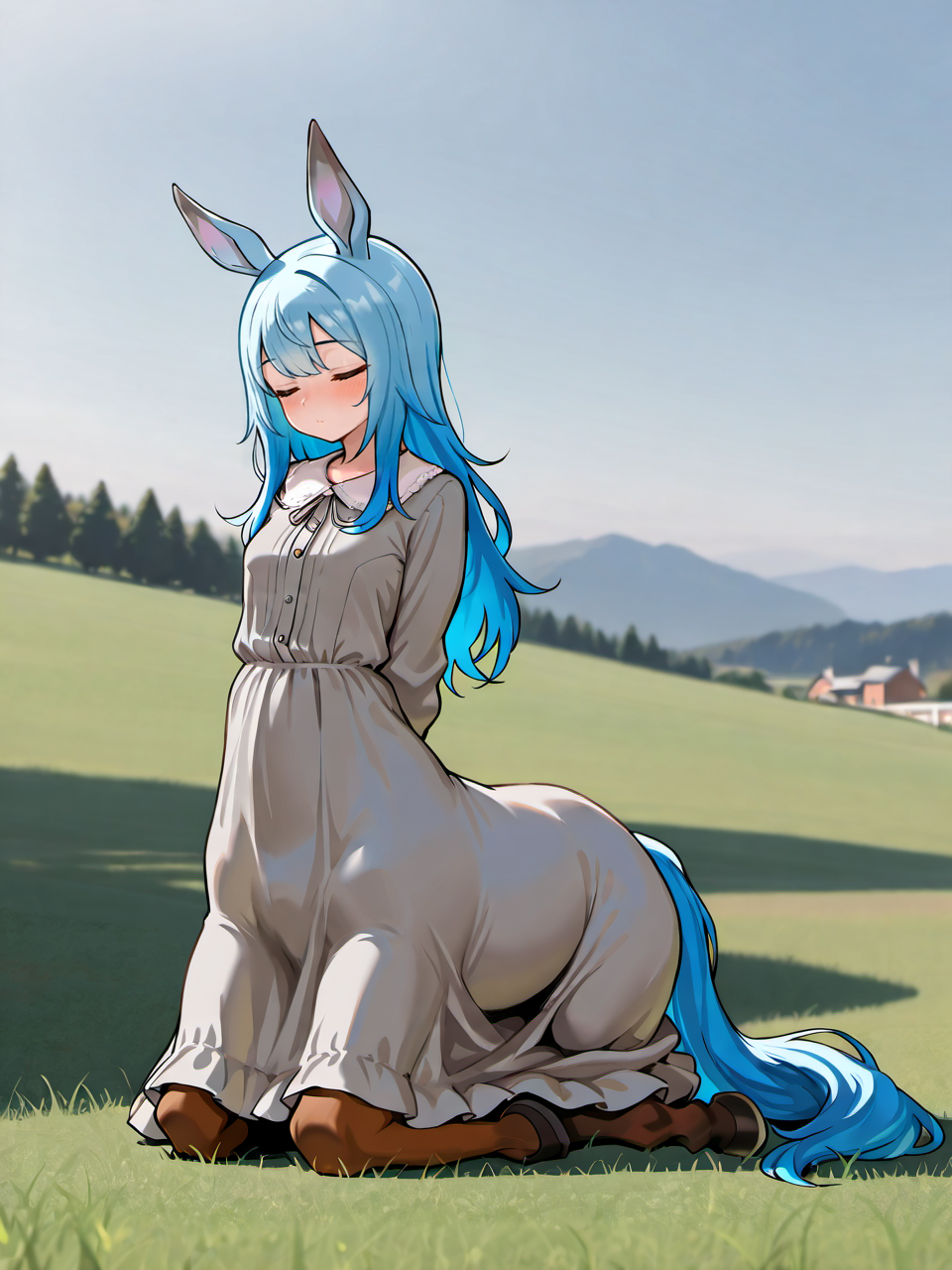 masterpiece, best quality, amazing quality, very aesthetic, high resolution,
epona, centaur, taur, 1girl, animal ears, solo, closed eyes, long hair, horse ears, blue hair, dress, arms behind back, kneeling, horse girl, grey dress, full body, 
<lora:epona_race_v2_illustrious_epoch_7:0.9>,
<lora:NOOB_EPSv1_1_detailer_by_vlnvk_v1_0:1>