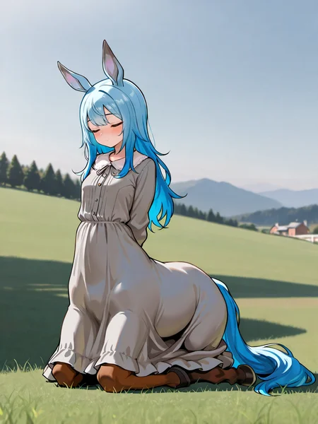 masterpiece, best quality, amazing quality, very aesthetic, high resolution,
epona, centaur, taur, 1girl, animal ears, solo, closed eyes, long hair, horse ears, blue hair, dress, arms behind back, kneeling, horse girl, grey dress, full body,
<lora:epona_race_v2_illustrious_epoch_7:0.9>,
<lora:NOOB_EPSv1_1_detailer_by_vlnvk_v1_0:1>