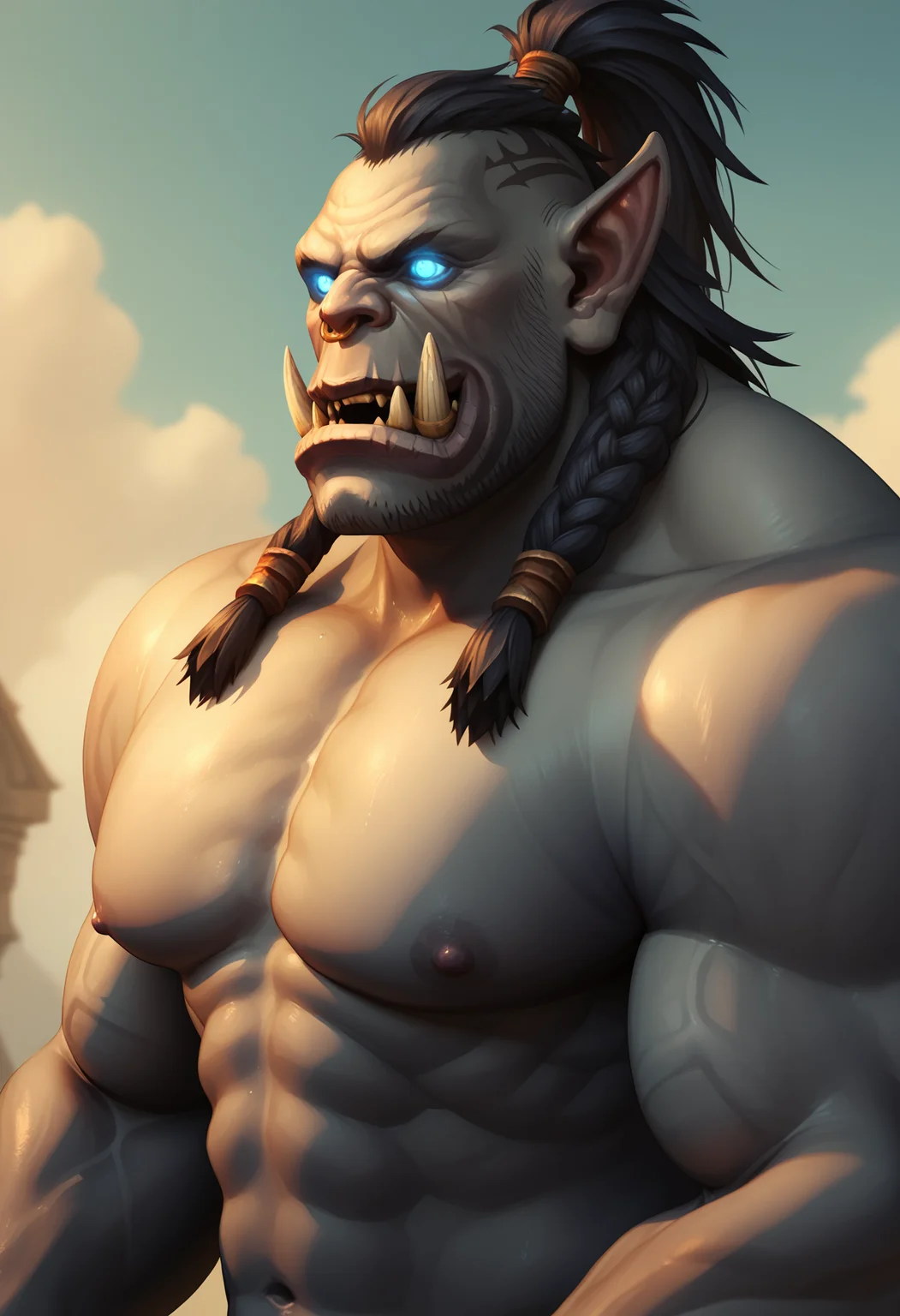 zPDXL3, score_9_up, score_8_up, score_7_up, detailed, masterpiece, high quality, best quality, digital media \(artwork\) BREAK portrait, solo, orc_wow, orc, tusks, glowing eyes, pointy ears, gray skin, huge pecs, muscular <lora:Orc_WoW_V1:0.6> <lora:detailed_notrigger:1> <lora:d3t41l3dXLP:0.25>