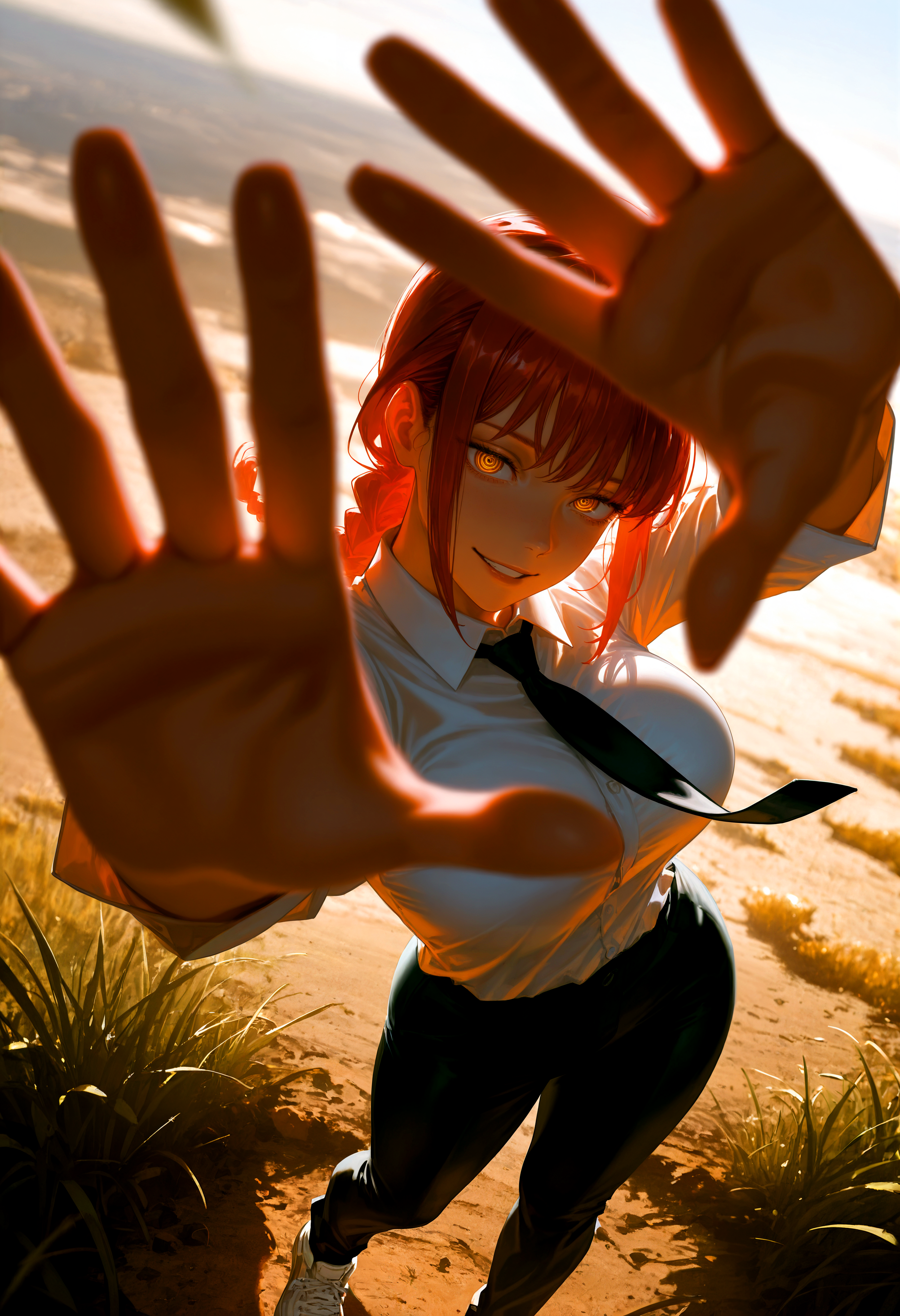 HDR, 8K, high contrast, masterpiece, best quality, amazing quality, very aesthetic, superabsurd res, high resolution, ultra-detailed, absurdres, newest, scenery, (horikoshi kouhei:0.3), (quasarcake:0.3), (wlop:0.3), light rays, chiaroscuro, dynamic angle, dutch angle, from above, foreshortening, full body, makima_(chainsaw_man), chainsaw_man, 1girl, red_hair, yellow_eyes, ringed eyes, @_@, huge breasts, wide hips, (thick thighs), white shirt, necktie, black pants, sneakers, standing, outstretched hands, outstretched arms, arms up, looking at viewer, bedroom eyes, parted lips, seductive eyes, seductive smile, outside, golden hour, (depth of field:1.2), partially illuminated, Intricately designed, Mysterious Shadows, BREAK, photorealistic, beautiful detailed eyes, detailed skin, detailed hair, volumetric lighting, dappled light, light particles, dramatic shadows, cinematic lighting, photo background, <lora:IL\touching_grass_v0.2:0.8>