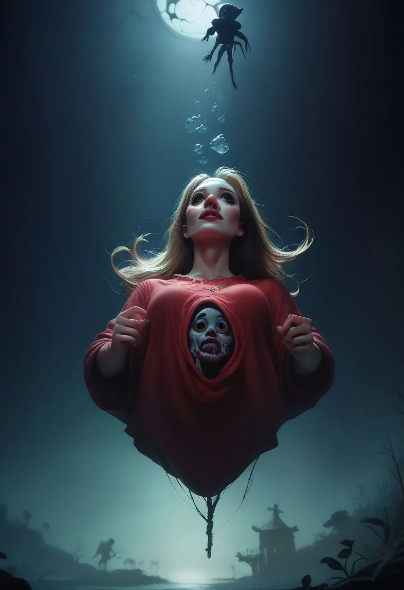 score_9, score_8_up, score_7_up, creepy underwater haunted house, floating furby, a Furby toy, rotted and water logged, zombie ,Lady Elaine Fairchilde, a doll, floating, face cracked in half, dark, scary, disturbing