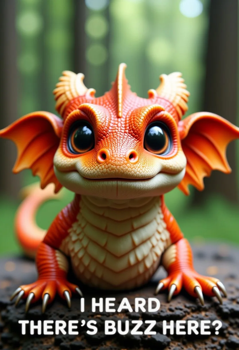 An extremely out of focus picture, with an in-focus cute dragon sticking her head in frame. The rest of the dragon's body is out of frame. The dragon looks excited and happy. At the bottom of the picture is a text that reads "I heard there's buzz here?"