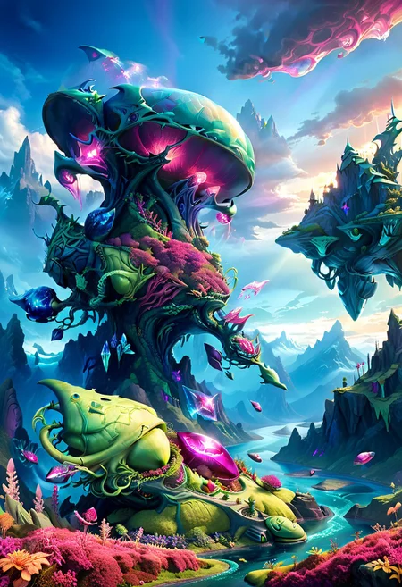Hyper-realistic alien landscape featuring a vast crystal forest with towering, a greenish coloring of plant life and large hills and smallish mountains like the Scottish highlands. . castle, The sky is a swirling mix of deep indigo and bright magenta, with two suns setting on the horizon. bioluminescent plants line the riverbanks.A flying ship, is flying high up in the sky Extreme detail, 8K resolution, photorealistic textures, cinematic lighting, depth of field.