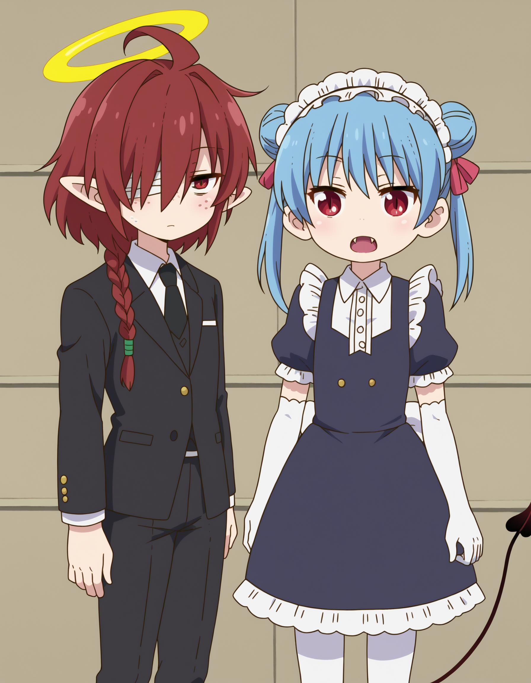 zPDXL, score_9, score_8_up, score_7_up, source_anime, (portrait),  <lora:KobayashiDragonPack:1> drgmd, 2girls, multiple girls, <lora:Nullantwins:0.8>,
2girls, multiple girls, Lynn, red hair, red eyes, (bandage over one eye, hair over one eye), braided ponytail, halo, freckles, bags under eyes, jitome, ahoge, pointed ears, flat chest, black jacket, butler, white shirt, black tie, black pants,
2girls, multiple girls, Zhuu, blue hair, red eyes, pointy ears, fangs, large fangs, red horns, demon tail, flat chest, (double bun), white pantyhose, maid, maid headdress, black dress, elbow gloves, white gloves, juliet sleeves, short sleeves,