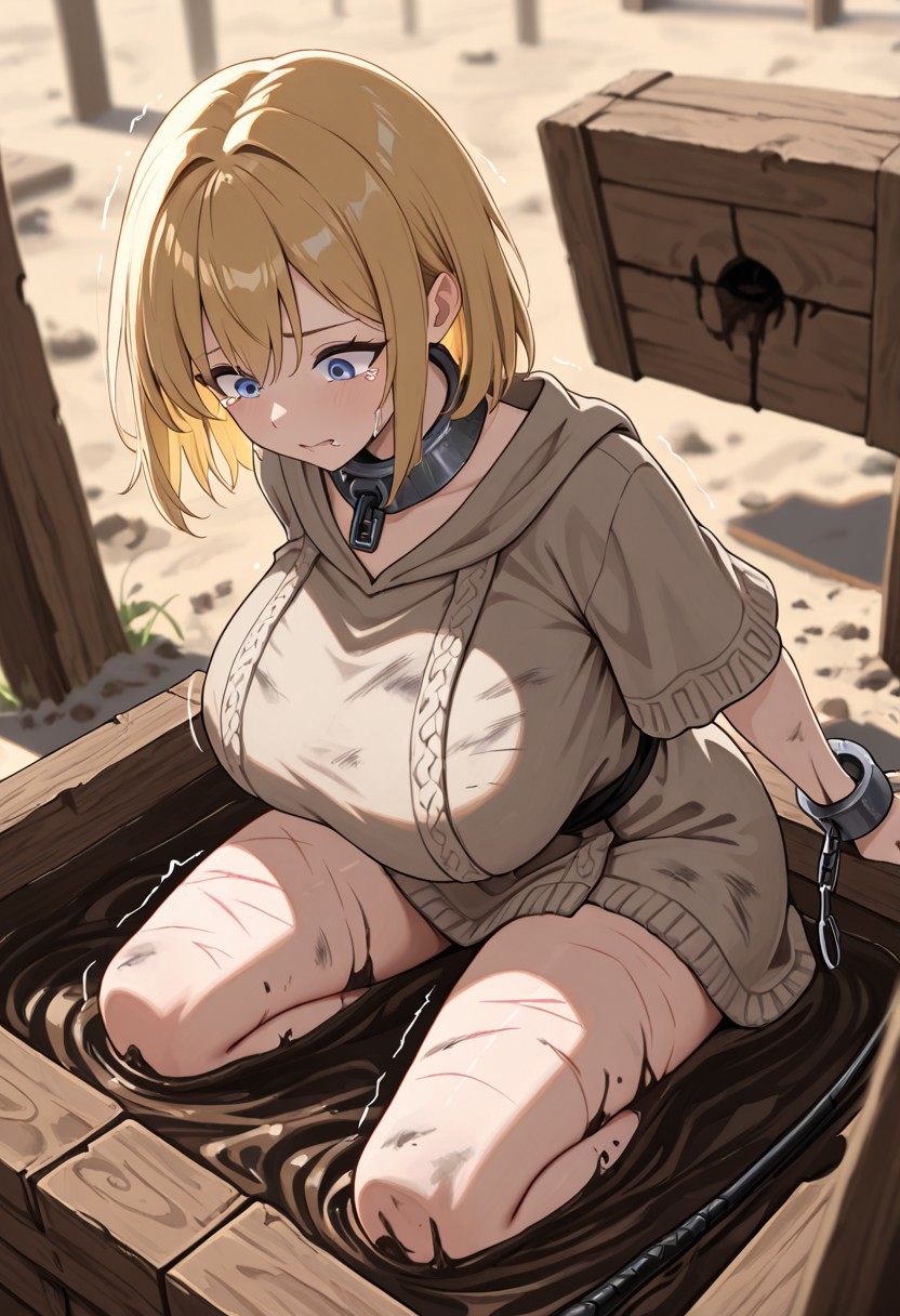 masterpiece, best quality, good quality, very aesthetic, absurdres, newest, 8K, depth of field,  in the style of cknc, artist:moriimee, in the style of cksc, 
1girl, long blonde hair, matted, blue eyes, pale skin, huge breasts, sagging, tattered wool robe, slipping, iron collar, wrist chains, dirty skin, whip marks, kneeling in mud, trembling lips, tears streaming, looking down, from above
BREAK
slave market, muddy square, wooden stocks
BREAK
dynamic light, muted colors, high contrast, depth of field, grim shadows, rich details, gritty haze