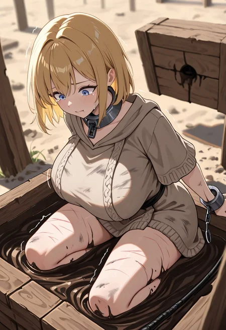 masterpiece, best quality, good quality, very aesthetic, absurdres, newest, 8K, depth of field, in the style of cknc, artist:moriimee, in the style of cksc,
1girl, long blonde hair, matted, blue eyes, pale skin, huge breasts, sagging, tattered wool robe, slipping, iron collar, wrist chains, dirty skin, whip marks, kneeling in mud, trembling lips, tears streaming, looking down, from above
BREAK
slave market, muddy square, wooden stocks
BREAK
dynamic light, muted colors, high contrast, depth of field, grim shadows, rich details, gritty haze