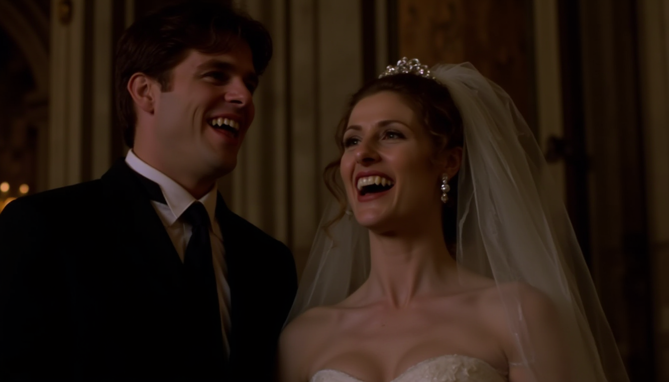 cinematic medium shot of a vampire couple in a gothic cathedral, laughing showing fangs, woman wearing white bridal gown with veil, man wearing dark suit, at night in soft warm candle light, photorealistic <lora:iwtv_flux_1_0:1>