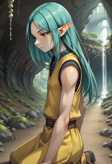Caitis, 1 person, Lapanya, light skin, teal hair, ((tall)), solo, pointy ears, snout nose, brown eyes, long hair, sleeveless vest,
half-lidded eyes,
((Megaman zero style, medieval style)):1.0, Dutch angle, side view, close up,
Kneeling, (holding wooden trowel in both hands, flat blade, wooden blade), working, scraping floor, scraping moss,
Organic cavern, underground, tunnel, luminous moss, smooth walls, Lapanya in background,
highly detailed face, high quality, best quality, masterpiece, score: 9, score: 8 up, rating: safe, ((source: anime)),