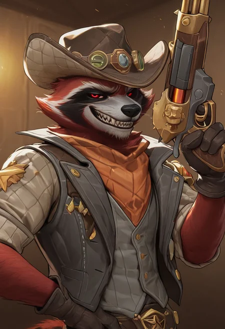 masterpiece, best quality, amazing quality, very aesthetic, absurdres, newest, high quality, detailed, male, solo male, RocketBH, 1boy, broad shoulders, mature male, anthro, raccoon, animal ears, black and red orange fur, red eyes, red sclera, athletic build, facial hair, cowboy hat, gray vest, gray jacket, cowboy, bounty hunter, holding gun, looking at viewer, grinning, sharp teeth, indoors, detailed face, detailed eyes, volumetric lighting, half body