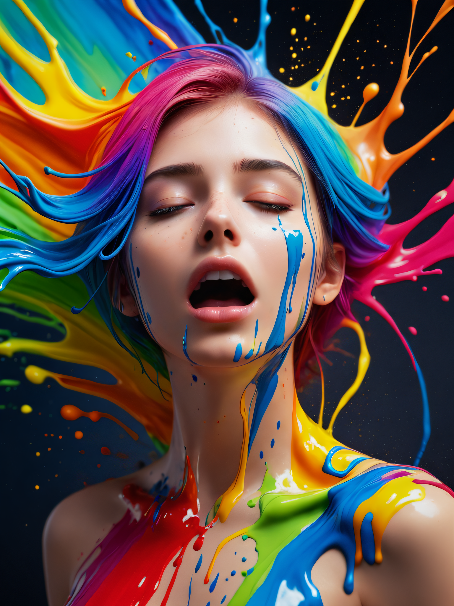 (level difference:1.8),(Paint colliding and splashing on the canvas),(depth of field),1girl's side face blends into it,((side face)),open mouth,(liquid paint rainbow hair:1.1) made of paint and defies gravity,thick flowing,(paint splatter:1.3),Liquid state,stunningly beautiful, masterpiece, detailed background,ultra high quality model, ethereal background,abstract beauty, explosive volumetric, oil painting,heavy strokes,Romantic lighting,Sub-Surface Scatterring,lens 135mm,f1.8,glow,8k,high resolution, dreamy,ray tracing,hdr,god rays,