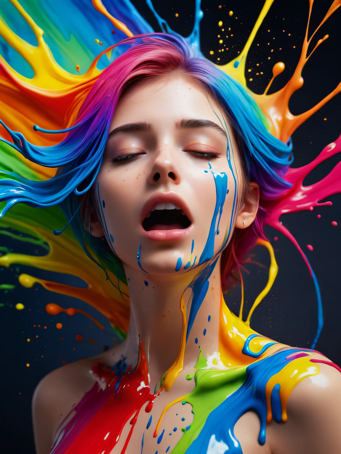 (level difference:1.8),(Paint colliding and splashing on the canvas),(depth of field),1girl's side face blends into it,((side face)),open mouth,(liquid paint rainbow hair:1.1) made of paint and defies gravity,thick flowing,(paint splatter:1.3),Liquid state,stunningly beautiful, masterpiece, detailed background,ultra high quality model, ethereal background,abstract beauty, explosive volumetric, oil painting,heavy strokes,Romantic lighting,Sub-Surface Scatterring,lens 135mm,f1.8,glow,8k,high resolution, dreamy,ray tracing,hdr,god rays,