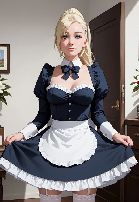 1girl, solo, score_9_up, score_8_up, score_7_up, score_6_up, cute face, detailed and beautiful face, detailed and beautiful eyes, cute girl, inoYamanakaPDXL, blonde, ponytail, blue eyes, medium breasts, maid outfit, white stockings, looking at viewer, standing, room, detailed, intricate details, realistic, FaceDetail, stunning, masterpiece,