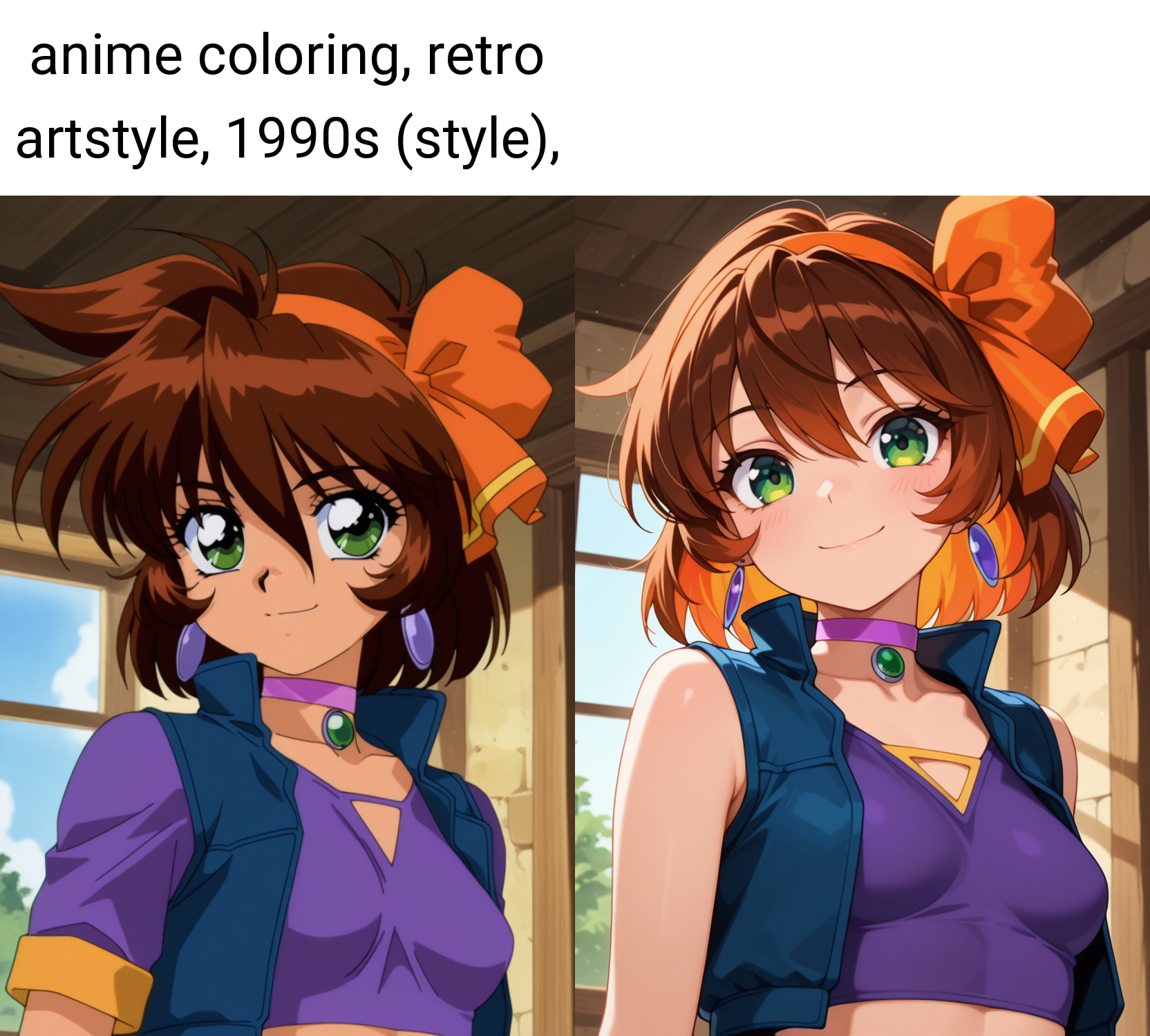 masterpiece, best quality, amazing quality, absurdres, anime coloring, retro artstyle, 1990s (style), 1girl, solo, (portrait:1.2), merrillww, green eyes, brown hair, short hair, orange hair ribbon, orange hairband, earrings, small breasts, jewelry, purple choker, crop top, blue sleeveless vest, purple shirt, looking at viewer, smile, indoors, day, skindentation, detailed clothing folds, depth of field, sharp, high contrast, dynamic light <lora:Merrill_Mahou_Senshi_Louie_ill:0.9>