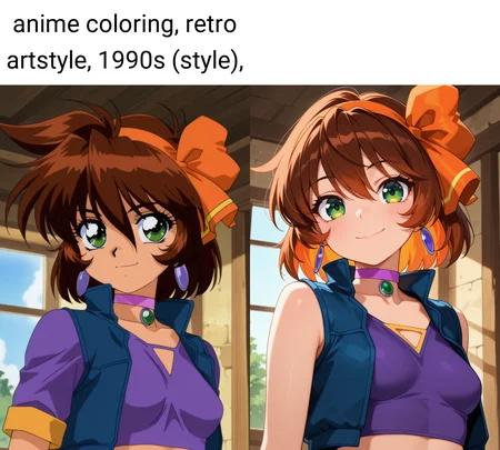 masterpiece, best quality, amazing quality, absurdres, anime coloring, retro artstyle, 1990s (style), 1girl, solo, (portrait:1.2), merrillww, green eyes, brown hair, short hair, orange hair ribbon, orange hairband, earrings, small breasts, jewelry, purple choker, crop top, blue sleeveless vest, purple shirt, looking at viewer, smile, indoors, day, skindentation, detailed clothing folds, depth of field, sharp, high contrast, dynamic light <lora:Merrill_Mahou_Senshi_Louie_ill:0.9>