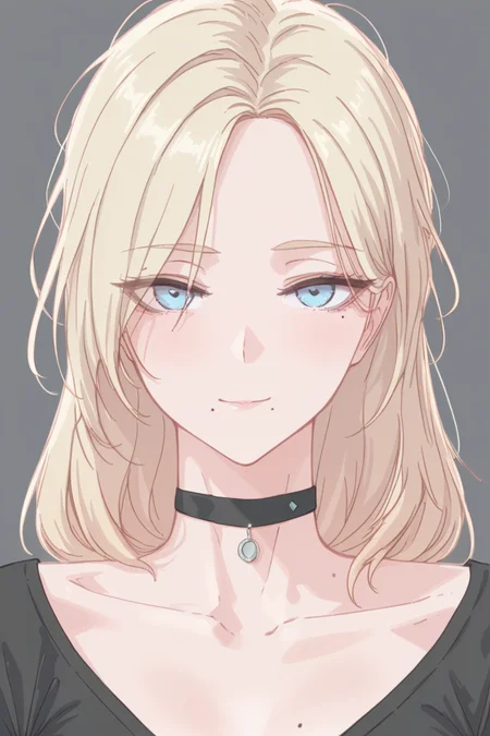 masterpiece, best quality, amazing quality,
 <lora:Nutzlos_IL:1> nutzlos, solo, mole under mouth, blue eyes, choker, grey background, mole, portrait, looking at viewer, blonde hair, simple background, black choker, 1girl, black shirt, shirt, collarbone, closed mouth, smile