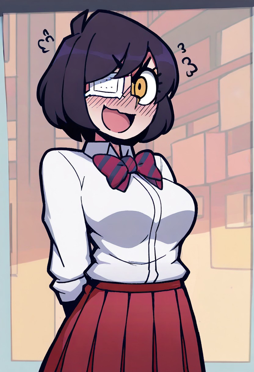 Masterpiece, best quality, aesthetic, high resolution, 1girl, solo, female, omoharu nakanaka (from komi-can't communicate), short hair, black hair, smooth hair, yellow eye, eyepatch, white eyepatch, skirt, shirt, long sleeves, bow, school uniform, white shirt, pleated skirt, striped, collared shirt, bowtie, red skirt, striped bow, striped bowtie, looking at viewer, open mouth, pointing finger, angry blush, embarassed smile,
Vanripper