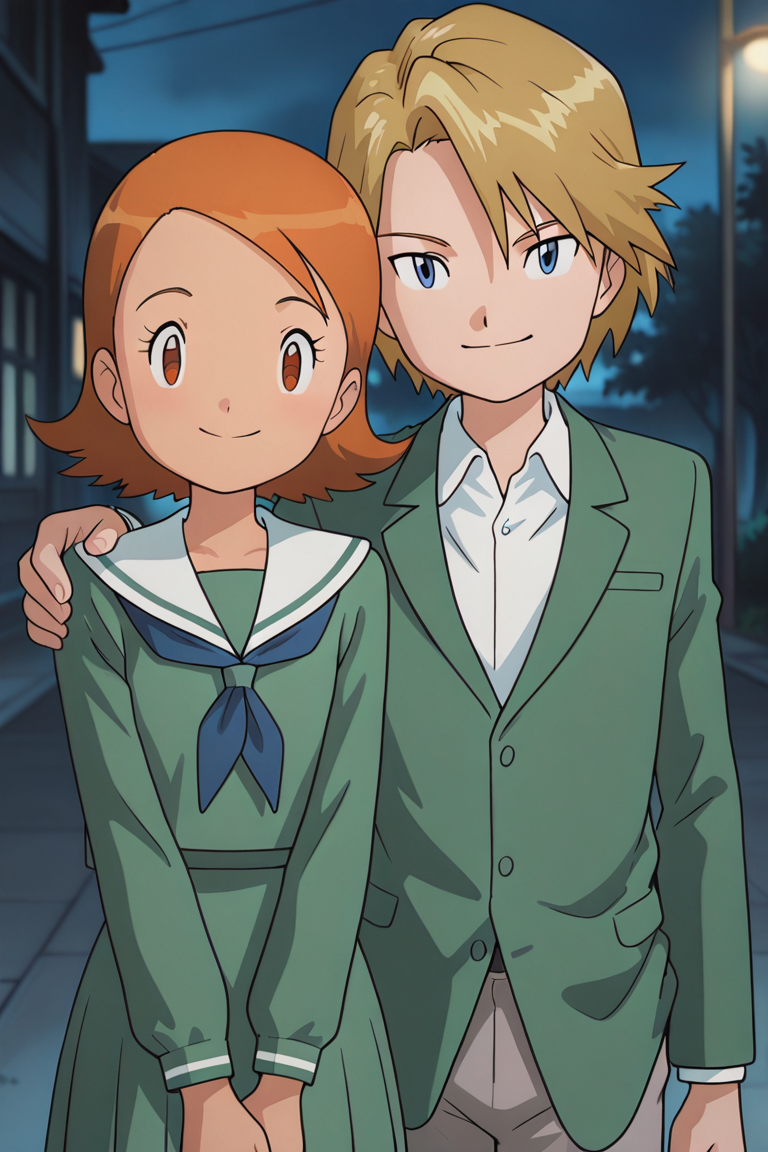 masterpiece, absurdres, newest, perfect quality, best quality, absolutely eye-catching, amazing quality, very aesthetic, high resolution, ultra-detailed, duo, 1boy, yamato_ishida_02, 1girl, sora_takenouchi_02, green blazer, white shirt, collared shirt, grey pants, green serafuku, couple, looking at viewer, smile, hand on another's shoulder, detailed background, outdoors, volumetric lighting, vibrant colors