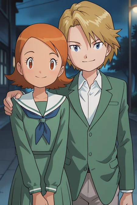 masterpiece, absurdres, newest, perfect quality, best quality, absolutely eye-catching, amazing quality, very aesthetic, high resolution, ultra-detailed, duo, 1boy, yamato_ishida_02, 1girl, sora_takenouchi_02, green blazer, white shirt, collared shirt, grey pants, green serafuku, couple, looking at viewer, smile, hand on another's shoulder, detailed background, outdoors, volumetric lighting, vibrant colors