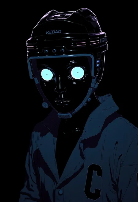 Yoshitaka Amano style, chemiluminescence, hockey player in the dark with crazy eyes, creepy, (minimalism 1), ray tracing details...Stephen Gammell styled by Yoshitaka Amano