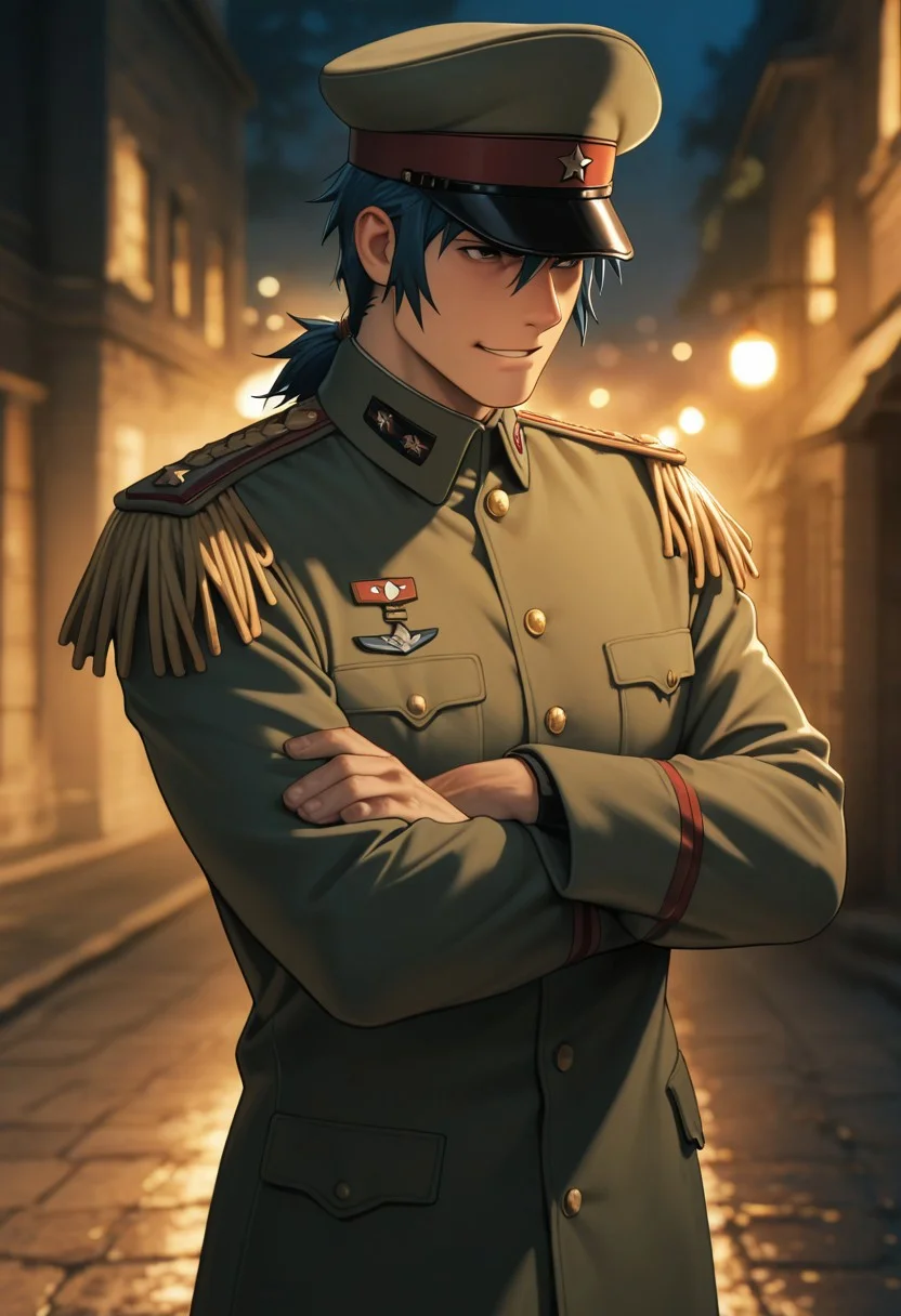 masterpiece, best quality, amazing quality, absurdres, newest, detailed background, definition so sharp, Ultra-HD, 8K cinematic, very awa, impressionate, amazing quality, highres,
solo, male focus, manly, mature male, bara, bokeh, night, warm light, blurry background, outdoor,
1boy, short hair, tied hair, low tied hair, lieutenant_pretime, lieutenant_blue hair, lieutenant_brown eyes, daikakukokujouji, military uniform, hat, coat, spaulettes, serious face, smirk, grin, crossed arms,