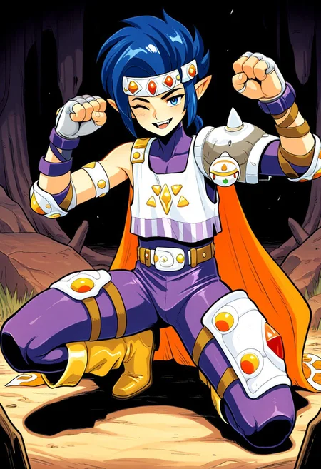 masterpiece, best quality, amazing quality, very aesthetic, absurdres, newest, curtisffl3, 1boy, male focus, blue hair, pointy ears, jeweled headband, orange cape, single pauldron, loose shirt, two-tone shirt, elbow pads, gray fingerless gloves, purple bracelets, sleeveless purple bodysuit, belt, thigh armor, yellow boots, hands up, wink