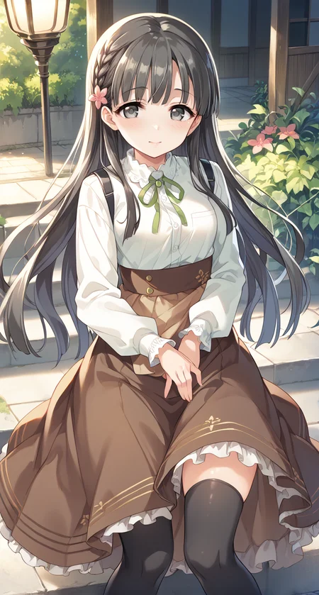 score_9,score_8_up,score_7_up,
official art,official style,game cg,megami magazine,
uncensored,
1girl,
kbykwse aikurushii,kobayakawa sae,bangs,dress,chestnut brown skirt,brown skirt,long skirt,
eyebrows visible through hair,
flower,grey eyes,black hair,hair flower,hair ornament,long hair,
blush,highres,black thighhighs,braid,
<lora:idolmaster_kobayakawa_sae_pony_v1:1>,