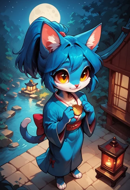 masterpiece, cute girl, Audr3yc4t, blue anthro cat, blue fur, blue hair, ponytail, score_9, score_8_up, score_7_up, score_6_up, 5ZSTYL3, fFaceDetail, Expressiveh, detailed eyes, 1girl, solo, big bright eyes, innocent look, standing, wearing kimono, sandles, bow, rock, bonsai trees, lantern, night, moon, deer scare, water shrine, insense, moon, high angle eyes half closed, holding coin,