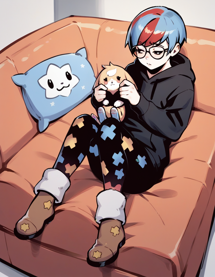 score_9, score_8_up, score_7_up, score_6_up, score_5_up, score_4_up, source_anime, BREAK  <lora:Ilya_Kuvshinov_Artist_STL3_ponyXL:1>
1girl, penny \(pokemon\),fur boots, brown footwear,  , glasses, hoodie, multicolored hair, pantyhose,   print legwear,   star print, streaked hair, holding a kitten,  lying on a couch, cozy vibe ,