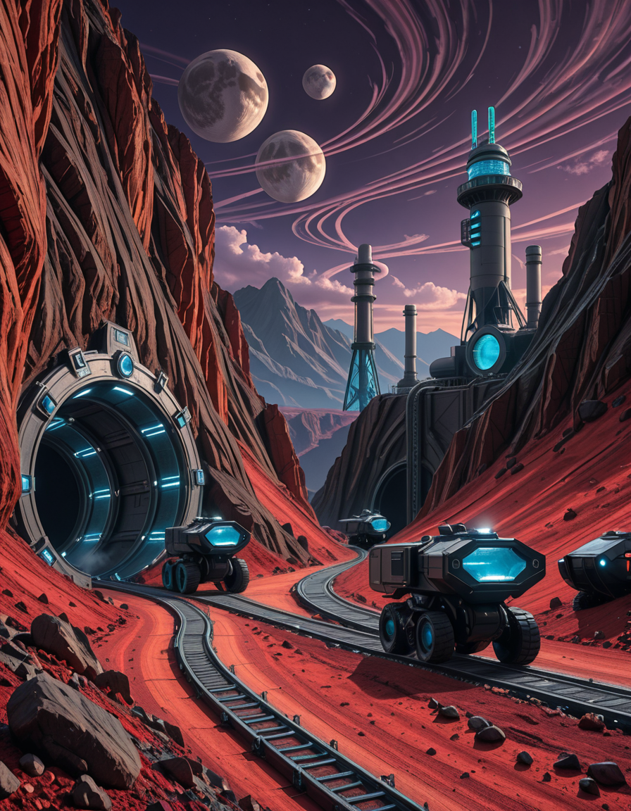 A futuristic mining outpost on a distant, rocky planet with a harsh, alien landscape. The mine entrance is a massive, reinforced metal tunnel carved into the side of a jagged, dark-red mountain. Advanced, glowing blue energy lights line the entrance, illuminating the metallic tracks that lead deep underground. Large, heavily-armored mining vehicles with mechanical arms and drills are stationed nearby, extracting rare minerals from the rock. The ground is covered in fine, reddish dust, kicked up by the movement of autonomous robotic drones that transport ore to a towering industrial refinery in the background. The sky is a deep, dark purple with swirling clouds and two distant moons casting a cold, eerie glow. In the distance, futuristic habitation domes with transparent walls house workers in protective exosuits, their silhouettes visible inside. A neon-lit control tower monitors operations, its holographic screens displaying real-time data. The atmosphere is both desolate and technologically advanced, evoking a sense of exploration and survival on the edge of the galaxy.
<lora:SDXLFaeTastic2400:0.4> <lora:extremely_detailed:0.4> extremely detailed,futuristic mining 0utp0st, <lora:futuristic_mining_0utp0st-i:1>, Masterpiece,best quality,hi res,8k,hi res,8k,award winning,(sharp focus, intricate, highly detailed),