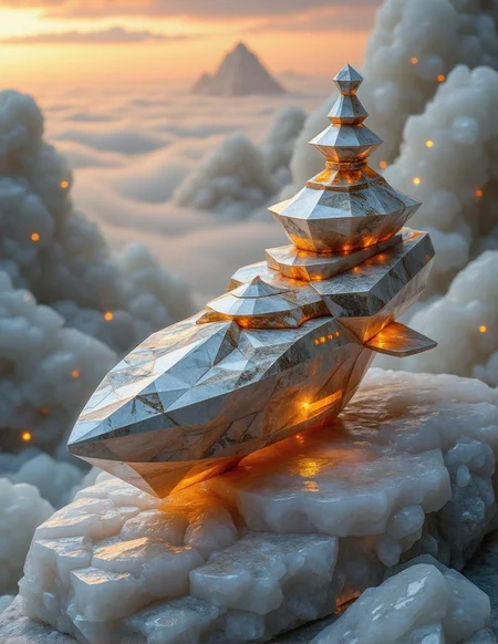 <lora:ck-polygon-gems-0019.safetensors:1> a crafted gemstone model in the style of cklg featuring a
In the heart of a mystical twilight, a grand ship of legends hovers, its form a tapestry of intricate, layered paper. Each element, meticulously cut from cardstock, boasts clean edges and shallow, deliberate dimensionality. The ship’s steel-like body, now transformed into a radiant mosaic of embossed paper, glimmers with a warm, golden hue. Its sharp angles and jagged edges, meticulously sculpted, create a dynamic interplay of light and shadow. Soft, natural light emanates from within, casting gentle gradients across the textured surface, while small, vibrant orange lights dot the lower sections, adding a burst of color to the sleek, silver-gray paper.
The background is a mesmerizing blend of ethereal mist and hazy clouds, rendered in layers of textured cardstock. Each piece floats harmoniously, blending into a dreamlike landscape. Tiny, sparkling particles, like stars cut from shimmering paper, drift through the mist, adding an otherworldly touch. The scene is a harmonious blend of warmth and mystery, capturing the essence of a glowing, celebratory moment frozen in art. The composition, dynamic yet naturalistic, exudes a sense of energy and optimism, as if the very essence of a futuristic legend has been brought to life in the most captivating way.