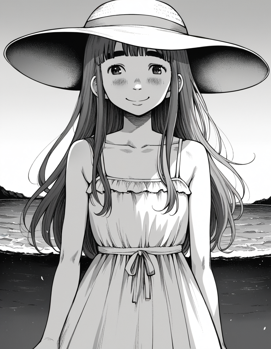 score_9, score_8_up, score_7_up, source_anime,
aikotanaka, <lora:aiko-tanaka-manga-ponyxl-lora-nochekaiser:1>,
aiko tanaka, long hair, bangs, thick eyebrows, blush, greyscale, monochrome,
dress, white dress, collarbone, bare shoulders, sundress, sun hat,
outdoors, beach, smile,
looking at viewer, cowboy shot, solo, dutch angle,