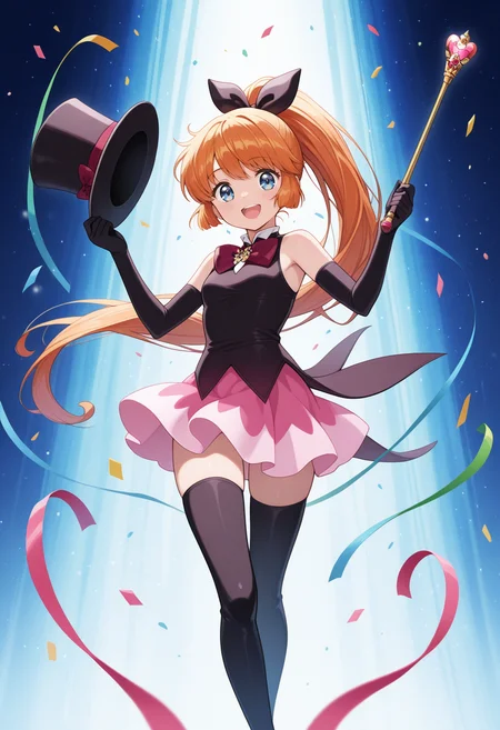1girl,solo,<lora:Saint_Tail:1>,long hair,orange hair,elbow gloves,blue eyes,magical girl,black gloves,sleeveless,bowtie,hair ribbon,hair bow,pink skirt,brooch,high ponytail,black bow,thigh boots,black footwear,
holding wand,top hat,red bow,holding hat,unworn headwear,:d,confetti,
masterpiece,best quality,amazing quality,