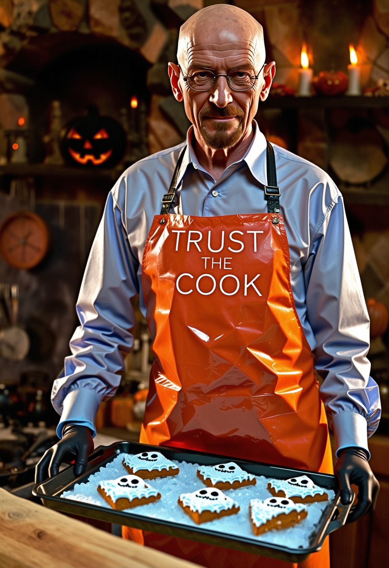 rp_slgd, bald smiling 1man walter white holding metal tray filled with small ice-blue crystals, kitchen background,  wearing kitchen-apron, oven, depth of field, warm light, halloween decoration, cozy, looking at viewer   <lora:dmd2_sdxl_4step_lora> <lora:xl_rpr_soulgemmed_v1>