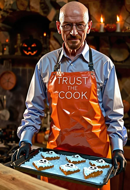 rp_slgd, bald smiling 1man walter white holding metal tray filled with small ice-blue crystals, kitchen background, wearing kitchen-apron, oven, depth of field, warm light, halloween decoration, cozy, looking at viewer <lora:dmd2_sdxl_4step_lora> <lora:xl_rpr_soulgemmed_v1>