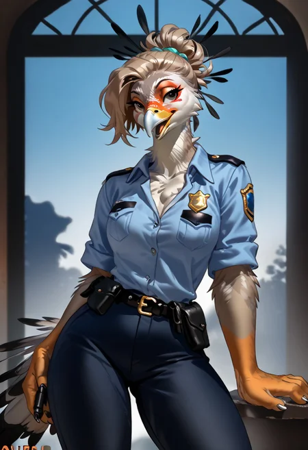 score_9, score_8_up, score_7_up, (by zummeng:1.5), (by jailbird:1.5), (by kittydee:1.5), masterpiece, best quality, (solo),
(Furry Art : Anthro: secretary bird:1.5), 1girl, expressive eyes, feminine eyes, perfect face, feminine face, (light brown hair:1.5), (updo hair:1.5), feminine body, medium breasts, bird of prey, orange face markings around eyes, multicolored body, white feathers, black feathers, grey feathers, black thigh feathers, long legs, long head feathers, (police uniform:1.5), (grey eyes),