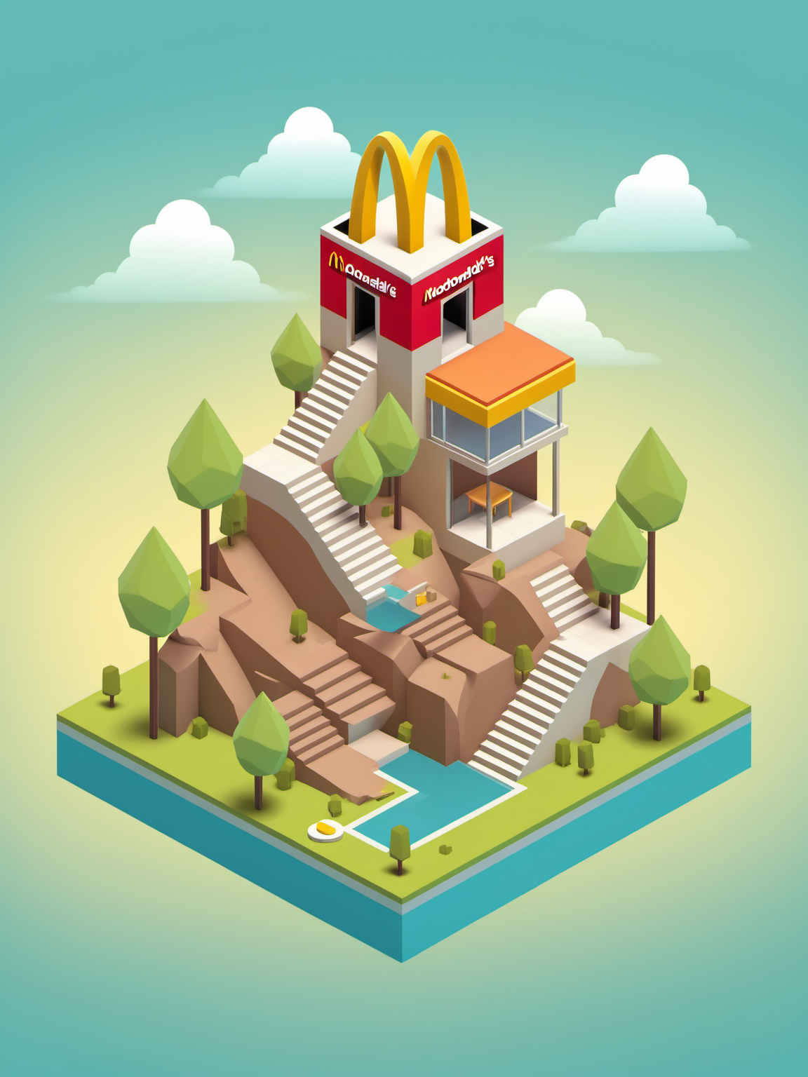 video game monument valley style, a McDonald's shop, stairs, water, cloud, hill, trees, gradient background, <lora:Monument Valley style:0.8>