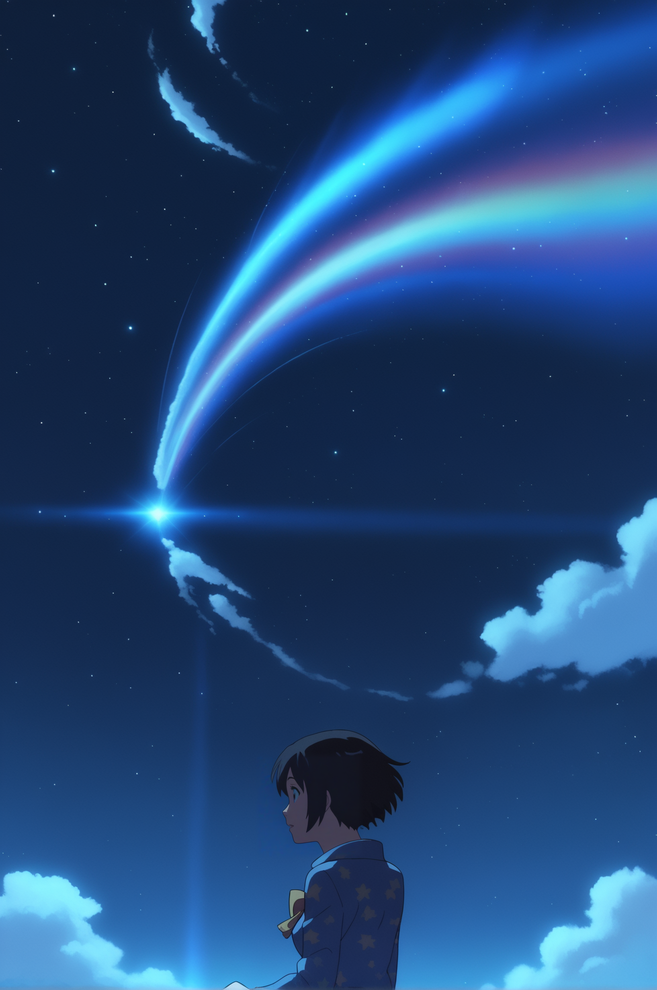<lora:Mitsuha_Miyamizu:0.8>, Mitsuha Miyamizu, solo, outdoors, sky, cloud, night, star \(sky\), night sky, scenery, starry sky, blue theme