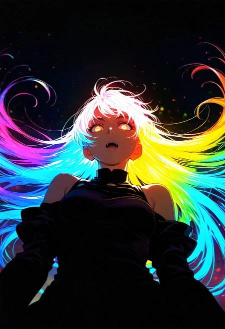 score_9, score_8_up, score_7_up, score_6_up, 1girl, bare shoulders, solo, looking at viewer, glowing eyes, open mouth, long hair flowing hair, flying hair, rainbow colored hair, neon hair, glowing hair, upper body, from below, crouched, shouldered weapon, sword, rainbow sword, back lighting, dark, multicolored background, blurred background, bright, multicolored, bright colors of paint, masterpiece, best quality, amazing quality, very aesthetic, lots of multicolored rainbow light, focus on the face, lots of soft light, soft colors